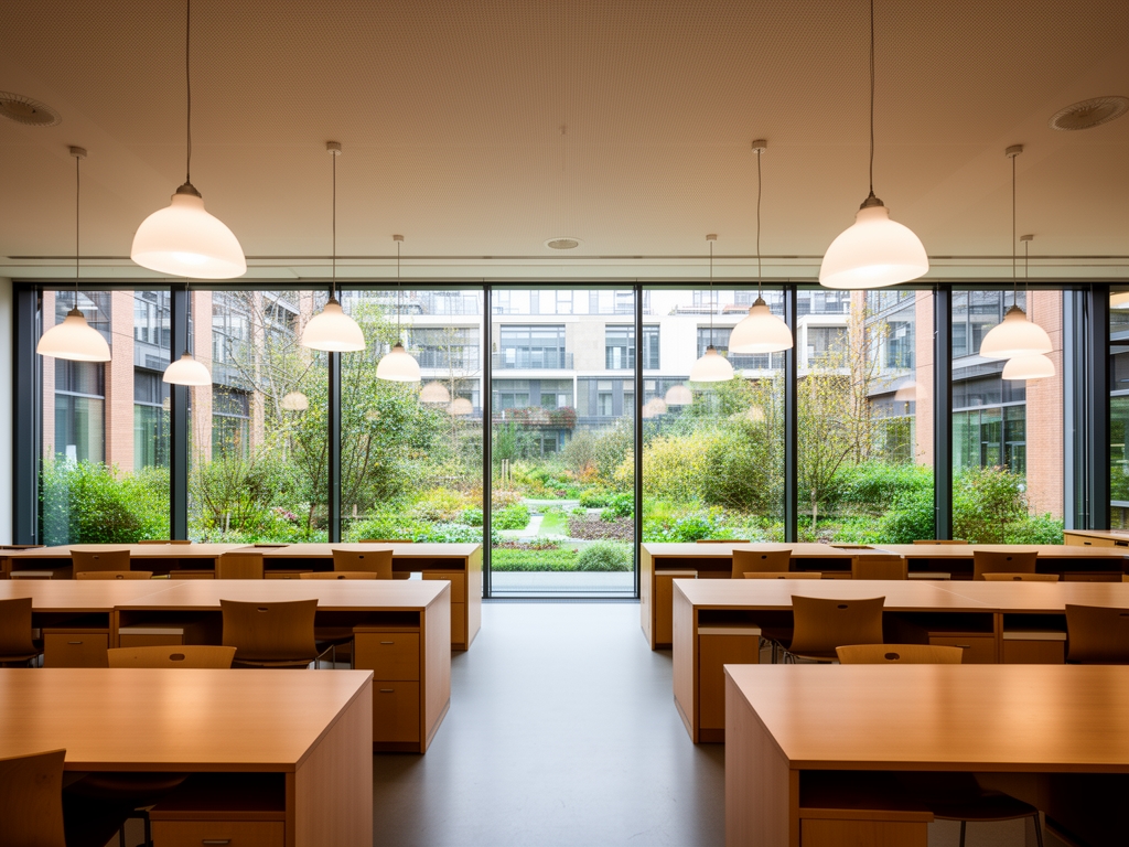 Wide reading room in a contemporary research institute with rows of wooden desks, overhead pendant lights, and large windows overlooking an urban garden, conveying quiet scholarly focus