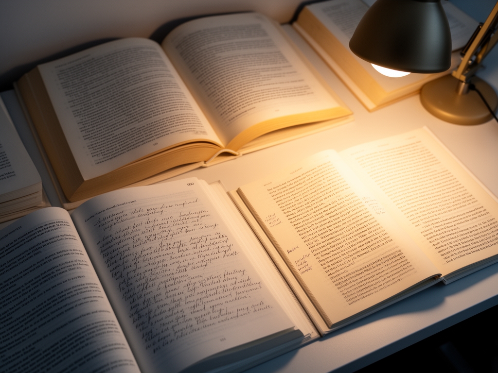 Overhead view of an organised reading desk with several open books, a notebook with handwritten notes, and a warm desk lamp casting soft light, suggesting deep engagement with written material
