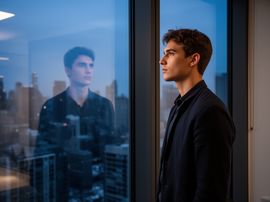 Young man standing at a large window in a modern city apartment, looking out thoughtfully at the skyline at twilight, his reflection visible in the glass pane