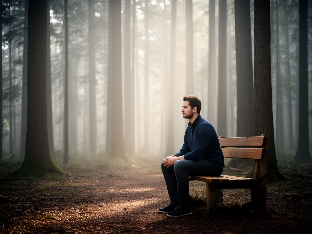 Man sitting quietly on a wooden bench in a misty forest, morning light filtering through tall trees, evoking a sense of solitude, reflection, and inner composure