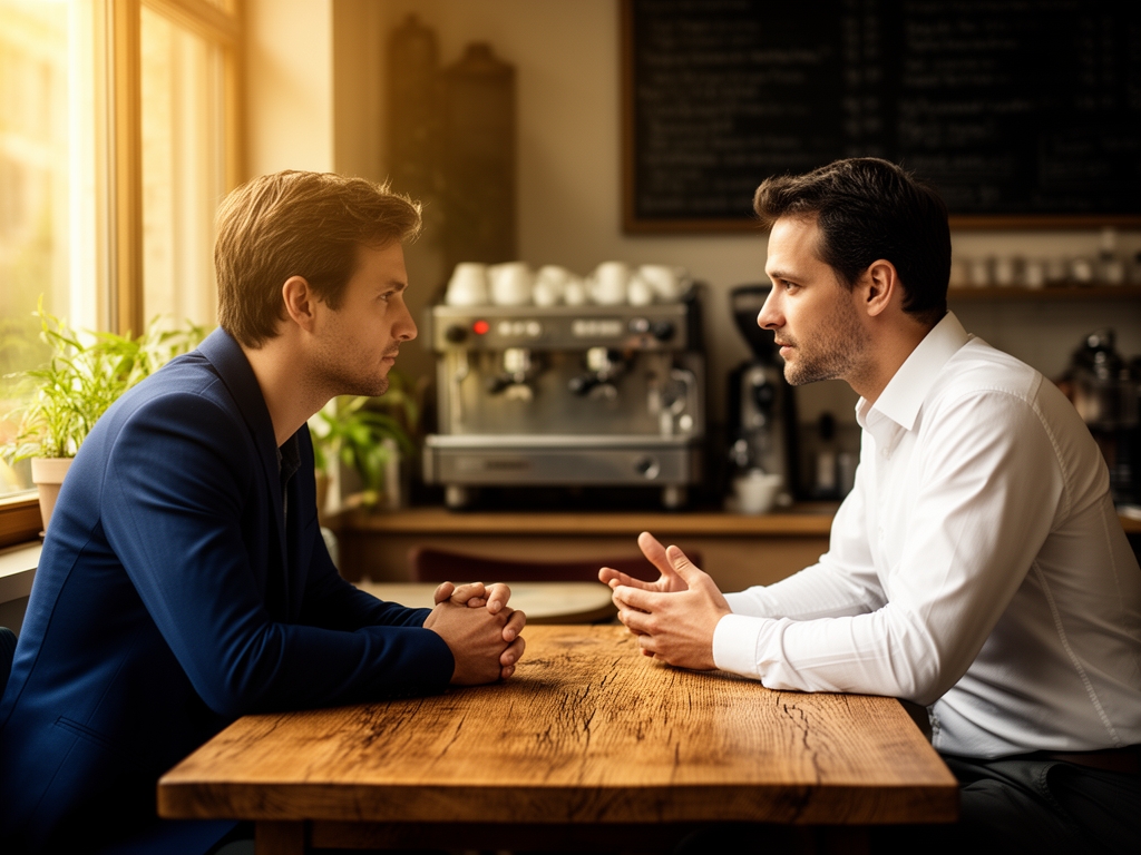 Two people engaged in a serious but calm conversation at a minimalist wooden table in a naturally lit room, faces partially visible, hands gesturing expressively on the table surface