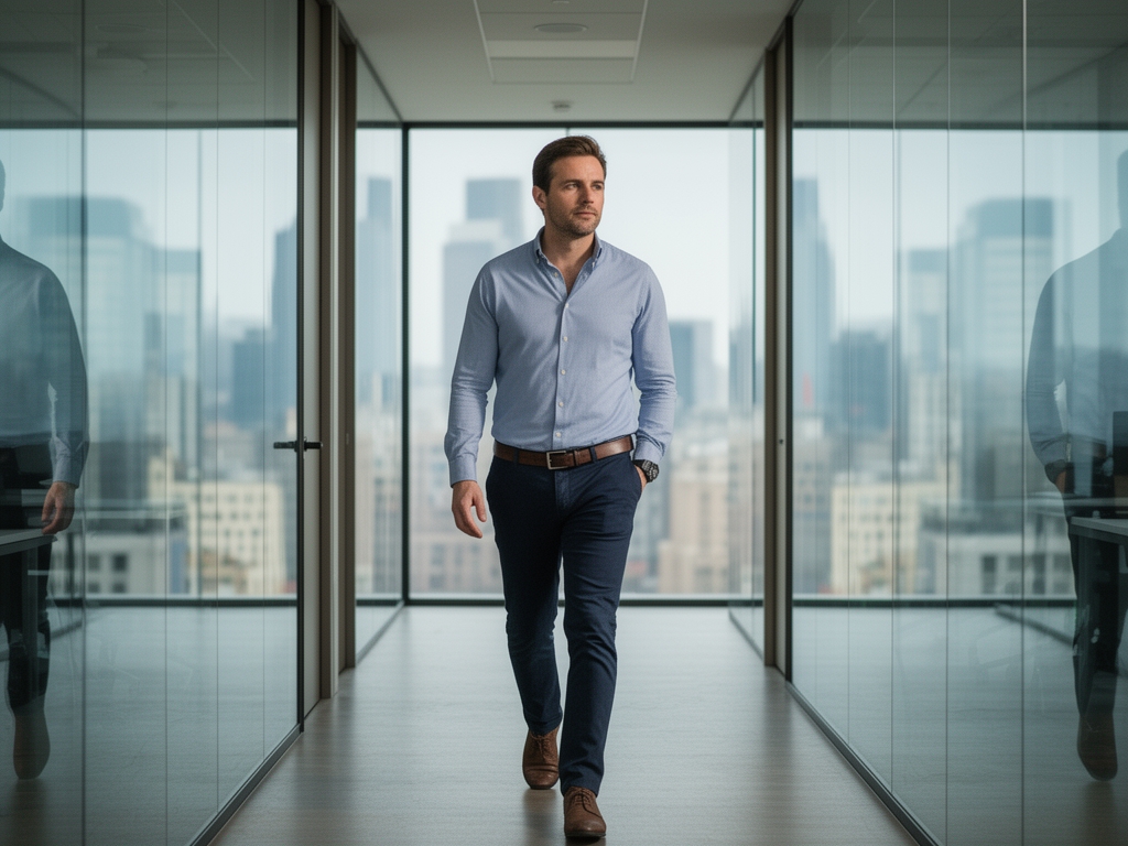 Man in business casual attire walking purposefully through a quiet modern office corridor, glass walls reflecting city views, natural light illuminating a focused expression