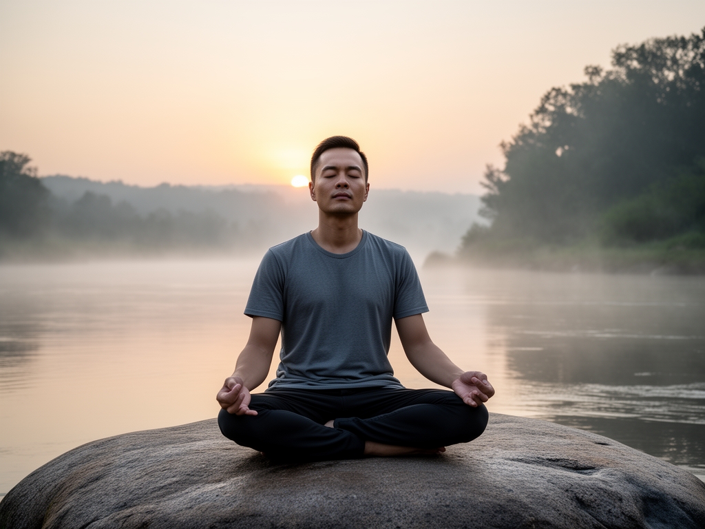 Man seated cross-legged on a wooden floor near an open window with soft morning light, eyes closed, hands resting on knees, in a minimalist uncluttered room