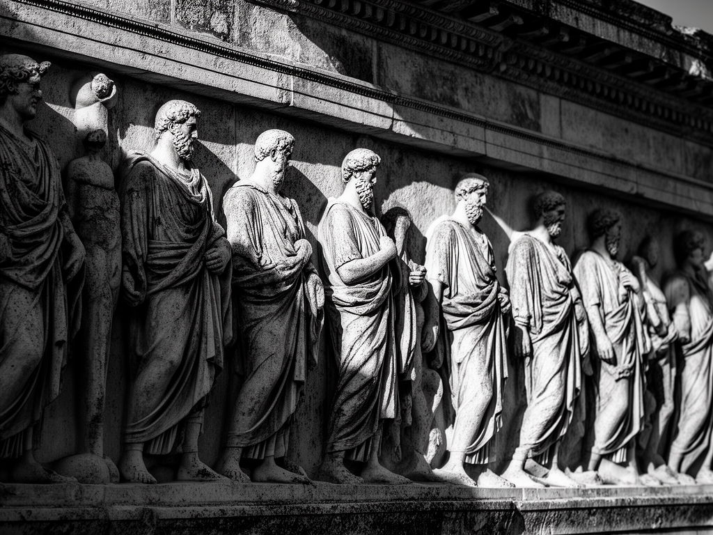 Black and white photograph of ancient stone sculptures and carved reliefs depicting male figures in ceremonial poses on the exterior wall of a historical temple complex