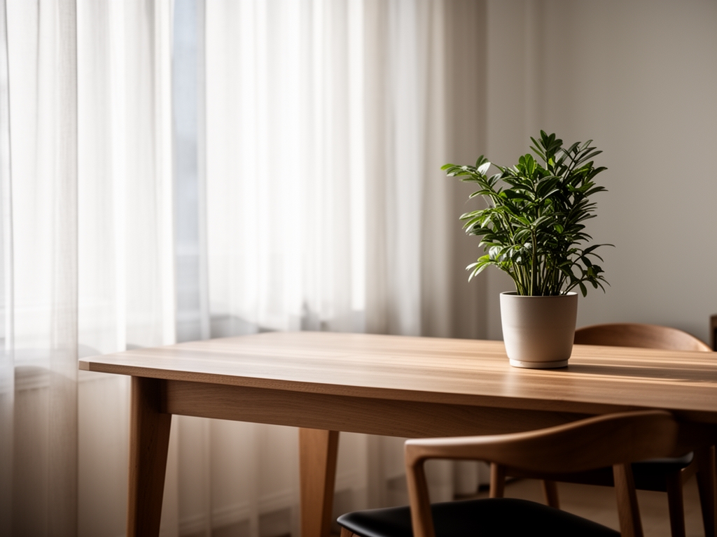 Calm office interior with a minimalist wooden desk, a potted plant, and natural light filtering through sheer curtains, evoking a thoughtful and organised workspace