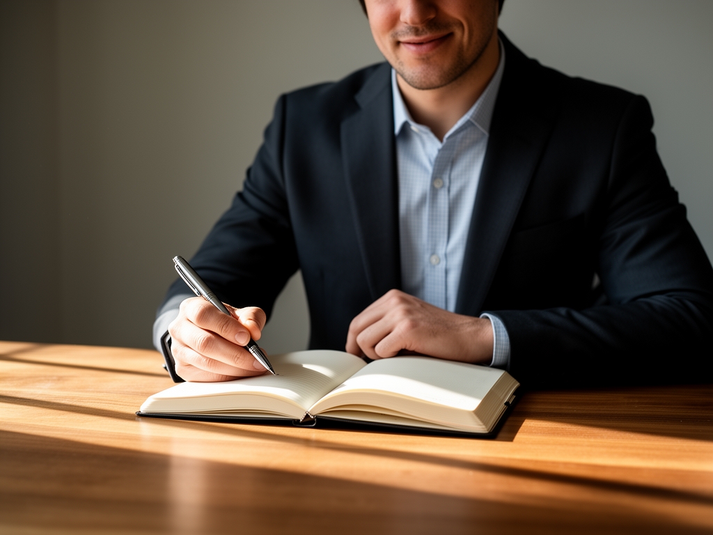 Abstract close-up of a writing desk with a pen, open notebook, and soft window light casting long shadows across a wooden surface, suggesting correspondence and thoughtful communication