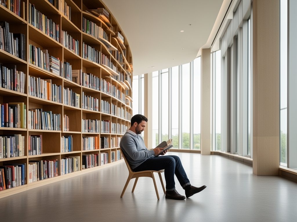 Wide angle view of a man reading alone in a spacious well-lit contemporary reading room with floor-to-ceiling bookshelves, natural light streaming through tall windows