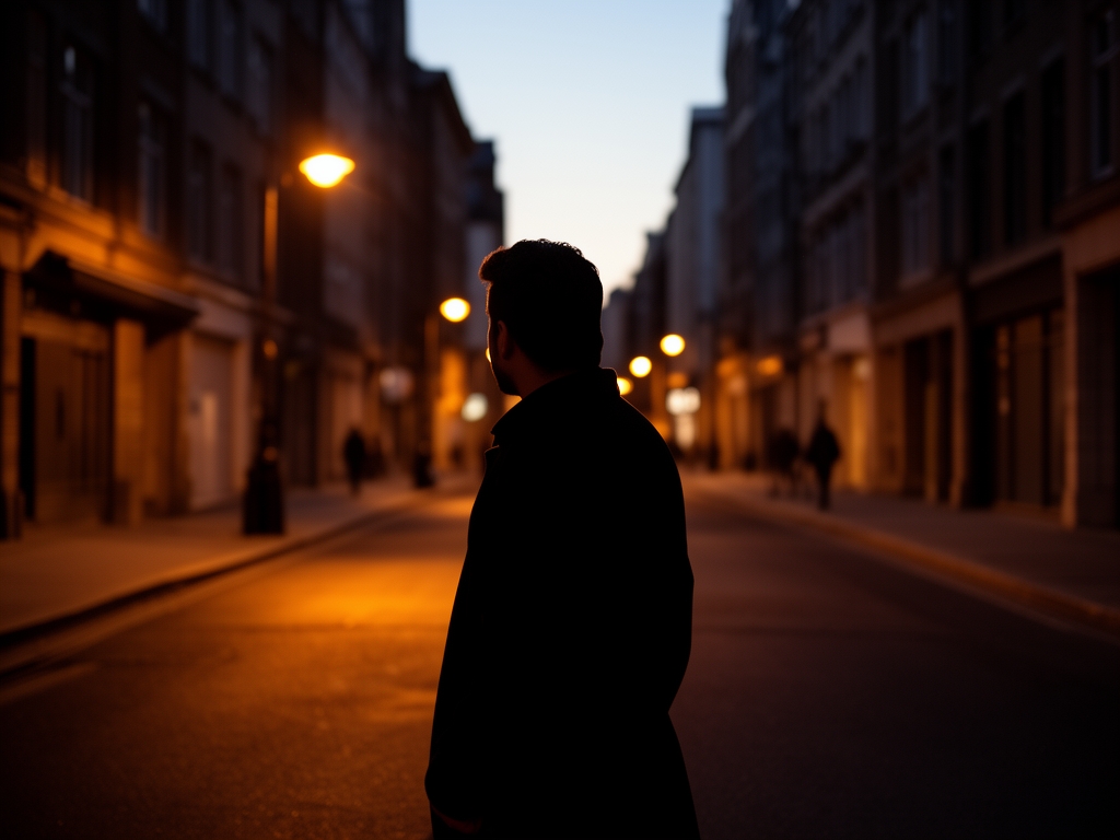 Man standing alone in a quiet urban street at dusk, silhouette against warm ambient light, contemplative atmosphere, no face visible
