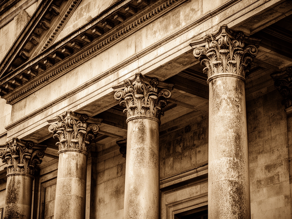 Aged sepia-toned architectural details of a classical stone building with carved columns and ornate stonework, representing historical tradition and continuity across generations
