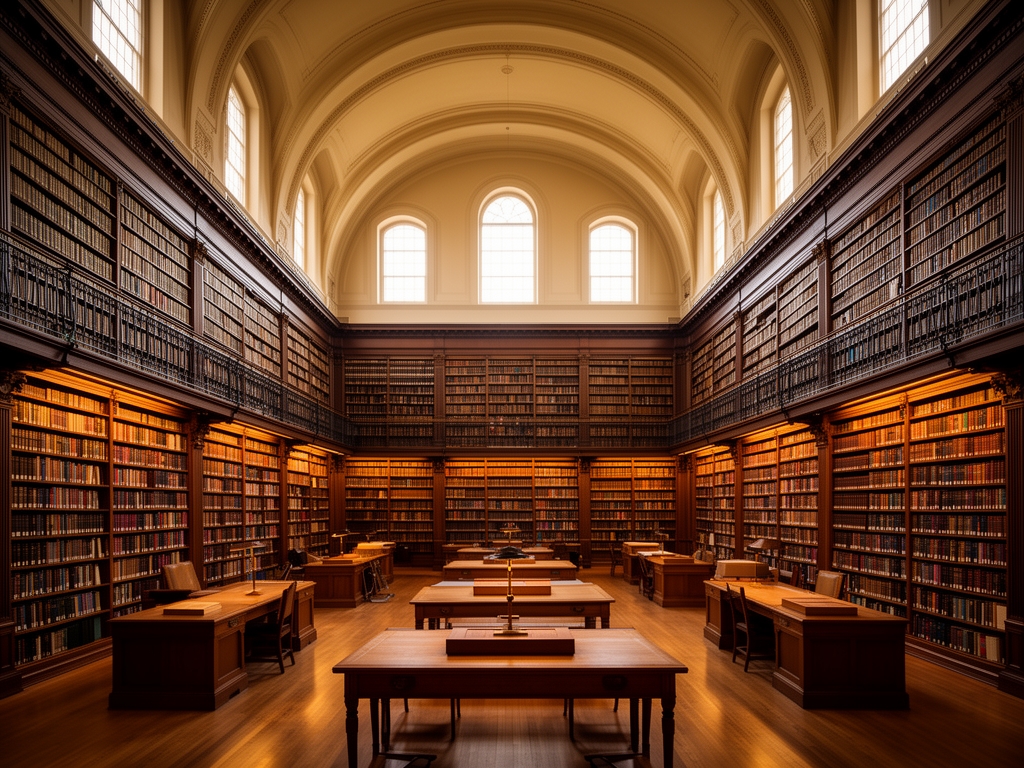 Interior of a grand institutional library with tall shelved walls, wooden reading tables, and warm diffused light through high windows, evoking a sense of structure and knowledge